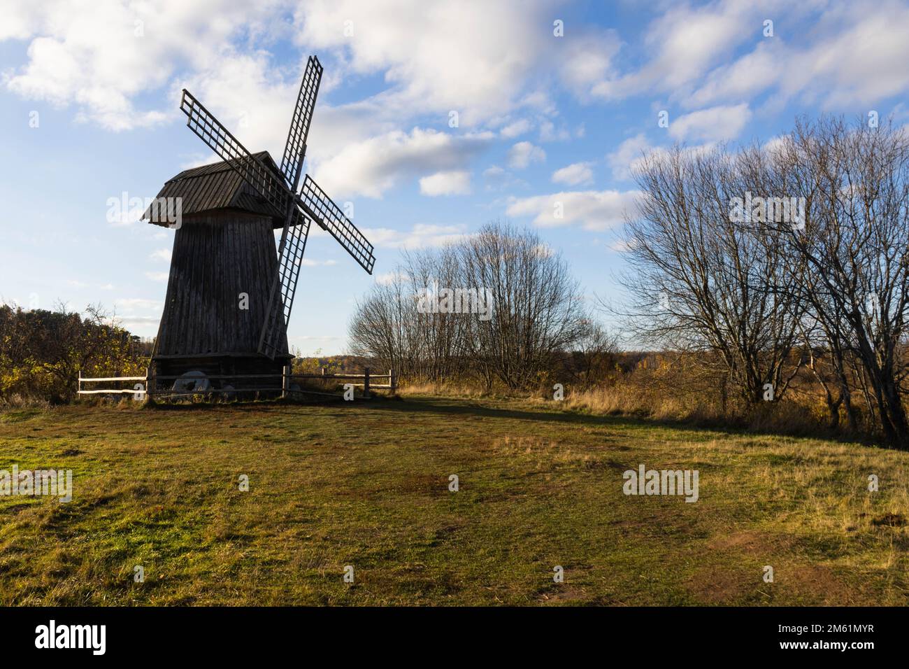 Autumn landscape with old wooden windmill. Mikhaylovskoye Museum Reserve, Pskov region, Russia Stock Photo