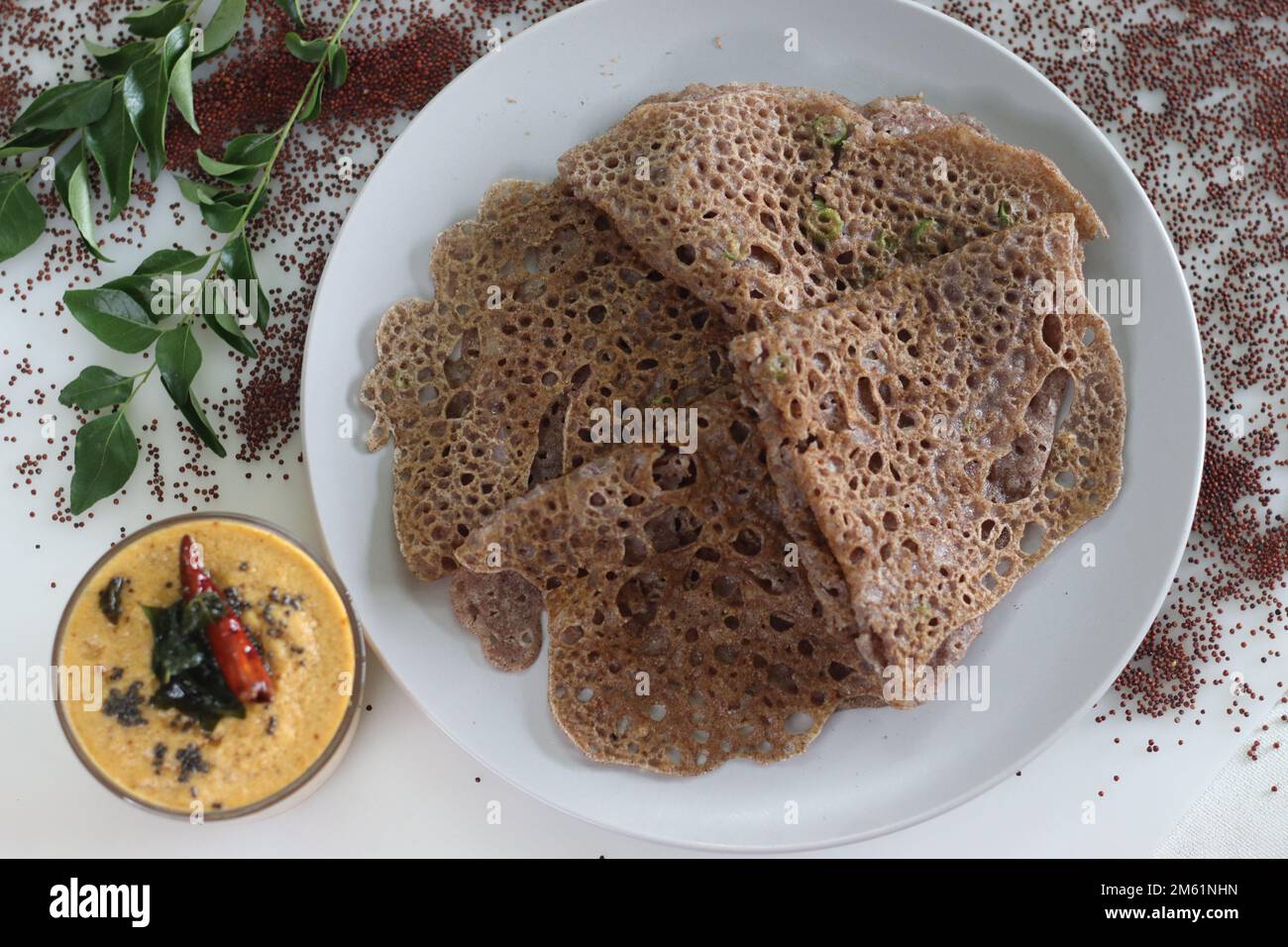 Instant Finger Millet Dosa, made with finger millet flour, curd and