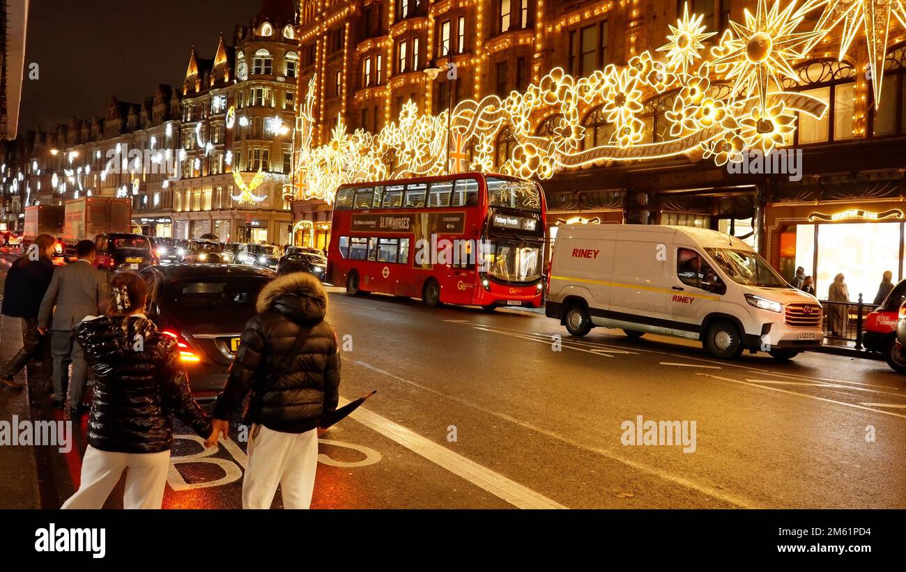 Knightsbridge at night is a beautiful place in London - LONDON, UK - DECEMBER 20, 2022 Stock Photo