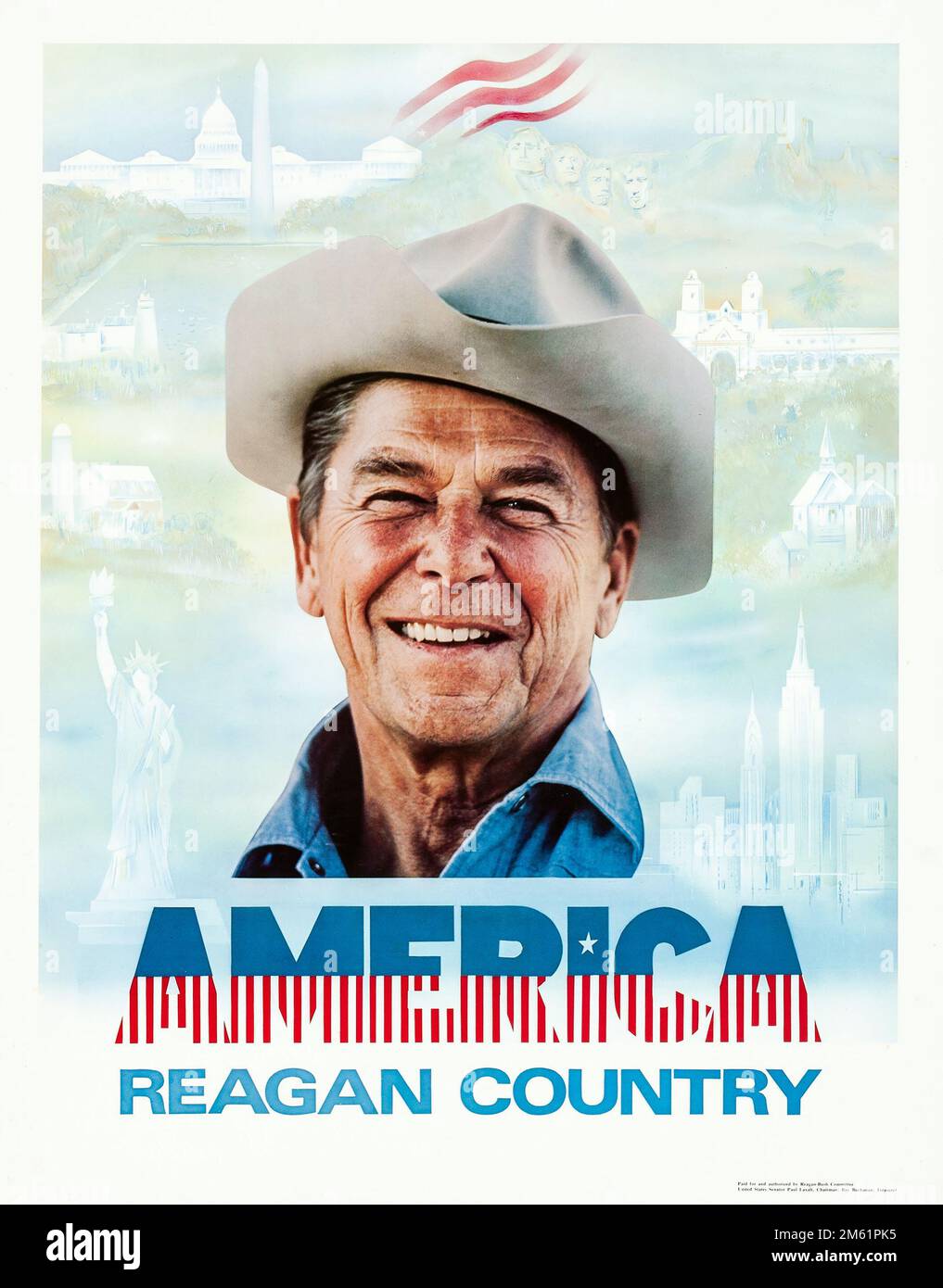 America - Reagan Country (Reagan-Bush Committee, 1980) Political Poster feat a smiling Ronald Reagan wearing a cowboy hat. Stock Photo