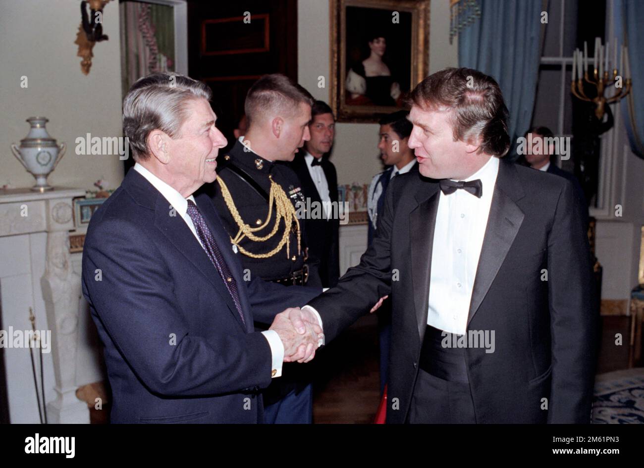 11/3/1987 President Reagan shaking hands with Donald Trump at a reception for members of the 'Friends of Art and Preservation in Embassies' Foundation in the Blue Room President Ronald Reagan shaking hands with Donald Trumpat at a Reception for Members of The 'Friends of Art and Preservation in Embassies' Foundation in The Blue Room, Nov 1987 Stock Photo