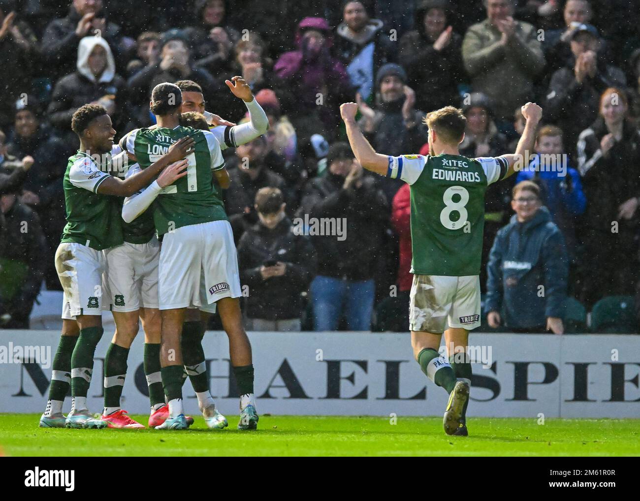 Plymouth, UK. 01st Jan, 2023. GOAL Plymouth Argyle forward Morgan Whittaker (19) and Plymouth Argyle forward Ryan Hardie (9) celebrates a goal to make it 3-1 during the Sky Bet League 1 match Plymouth Argyle vs MK Dons at Home Park, Plymouth, United Kingdom, 1st January 2023 (Photo by Stanley Kasala/News Images) in Plymouth, United Kingdom on 1/1/2023. (Photo by Stanley Kasala/News Images/Sipa USA) Credit: Sipa USA/Alamy Live News Stock Photo