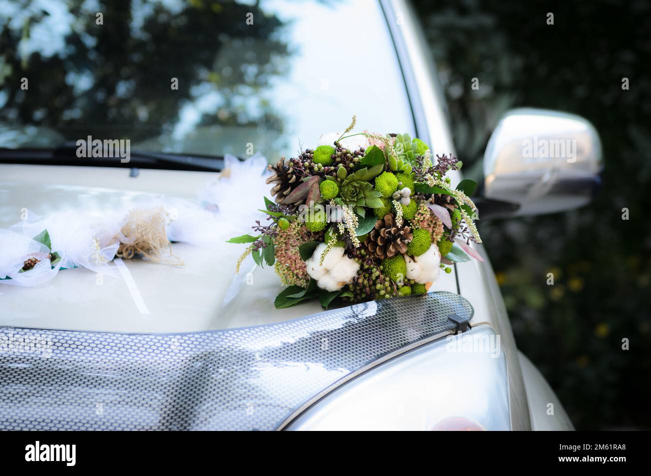 the bride's bouquet from cones and cotton on the hood of the wedding car Stock Photo