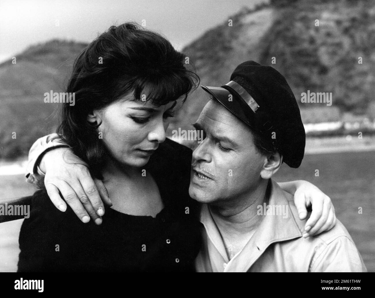 JULIETTE GRECO and O.W. FISCHER in WHIRLPOOL 1959 director LEWIS ALLEN novel / screenplay The Lorelei by Lawrence P. Bachmann music Ron Goodwin costume design Julie Harris The Rank Organisation Stock Photo