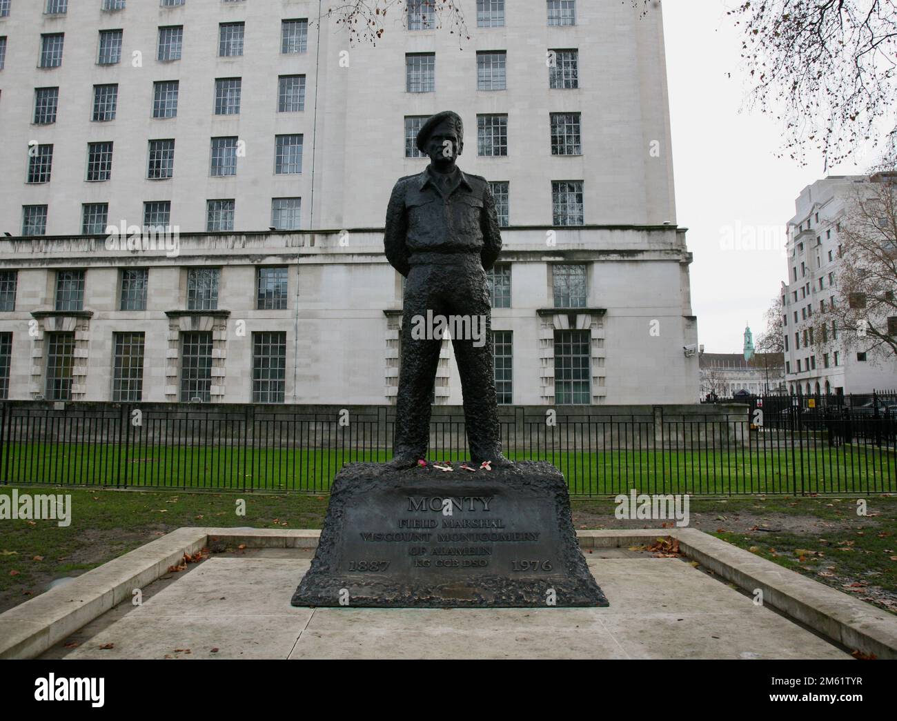 A bronze statue of Field Marshal Bernard Law Montgomery in the City of Westminster, London, United Kingdom, Europe Stock Photo