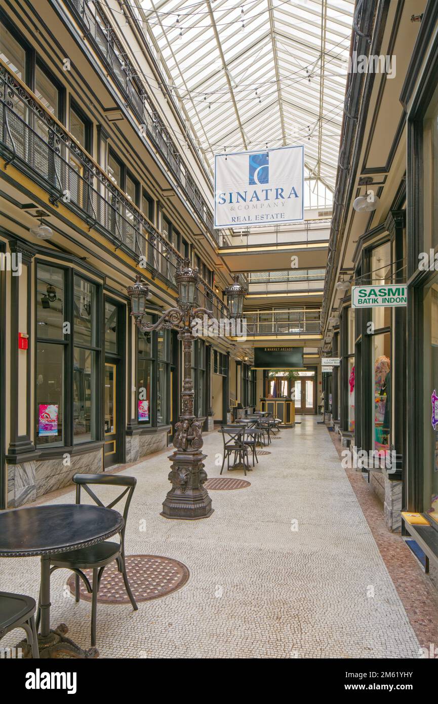 Market Arcade is named for the long-defunct public market (now parking lot) on Washington Street. It now houses small shops and offices. Stock Photo