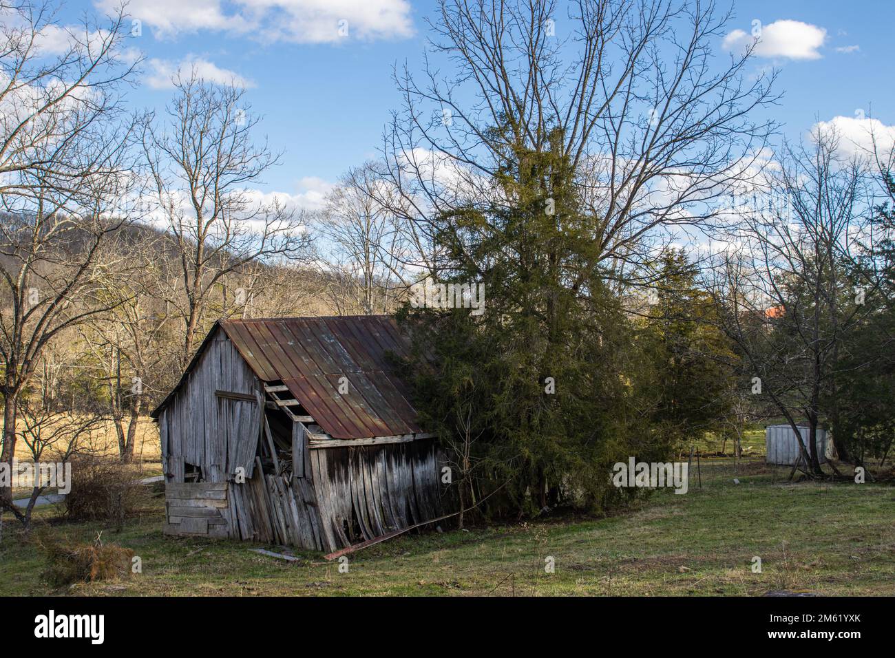 An abandoned shack sits on agricultural property. Stock Photo