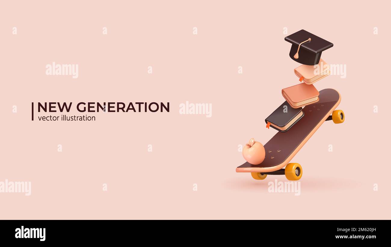 3D - New Generation Concept. Realistic 3d Design of Skateboard, book and College cap, graduation cap, mortar board. Education, degree ceremony. Vector illustration in cartoon minimal style. Stock Vector
