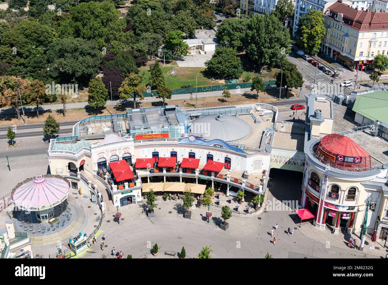 Prater amusement park viewed from the ferris wheel, Leopoldstadt, Vienna, Austria Stock Photo