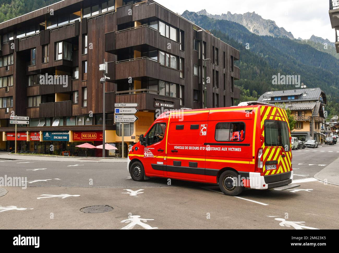 Ambulance van of the fire brigade in the city centre, Chamonix, Haute Savoie, France Stock Photo