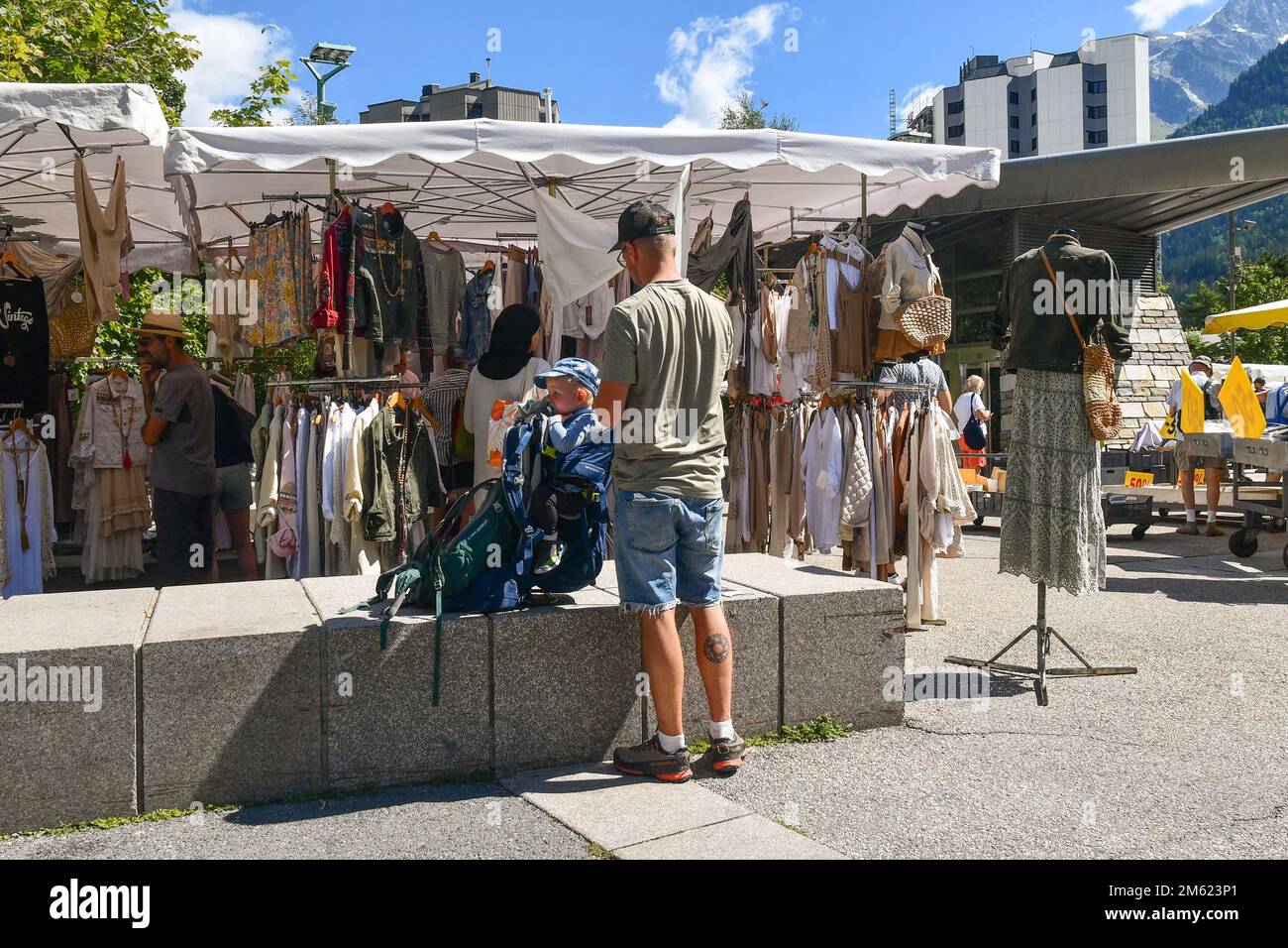 Clothes stand at the street market of Chamonix in summer, Haute Savoie