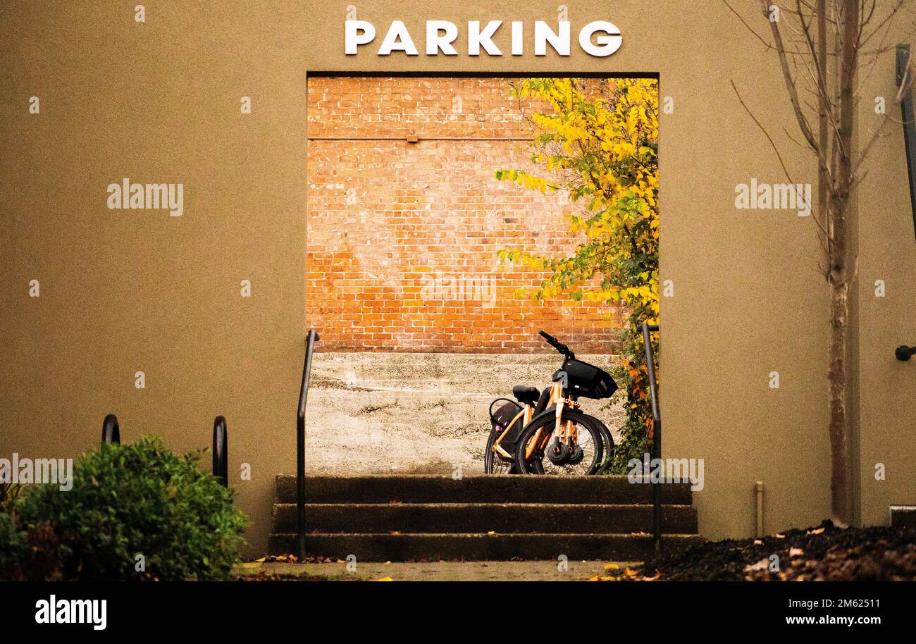 Electric Bikes in Parking Lot Entrance, Portland Oregon Stock Photo Alamy