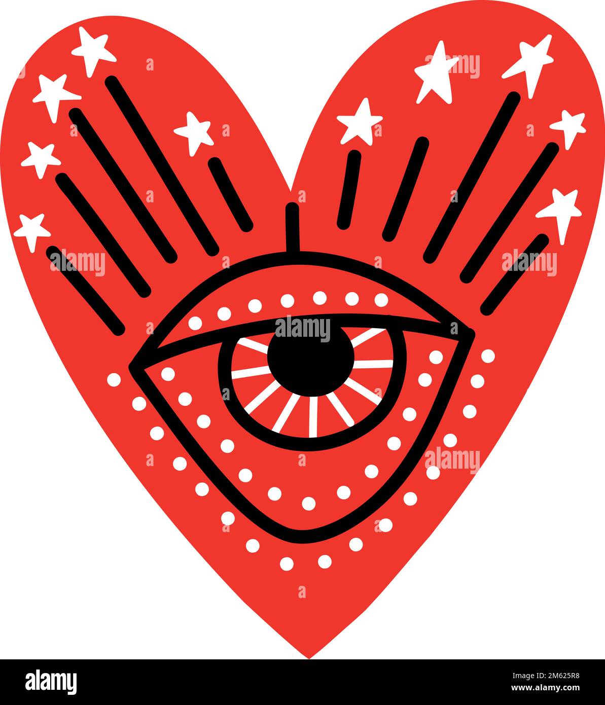 Magical red heart with eye. Valentines Day heart in modern doodle style