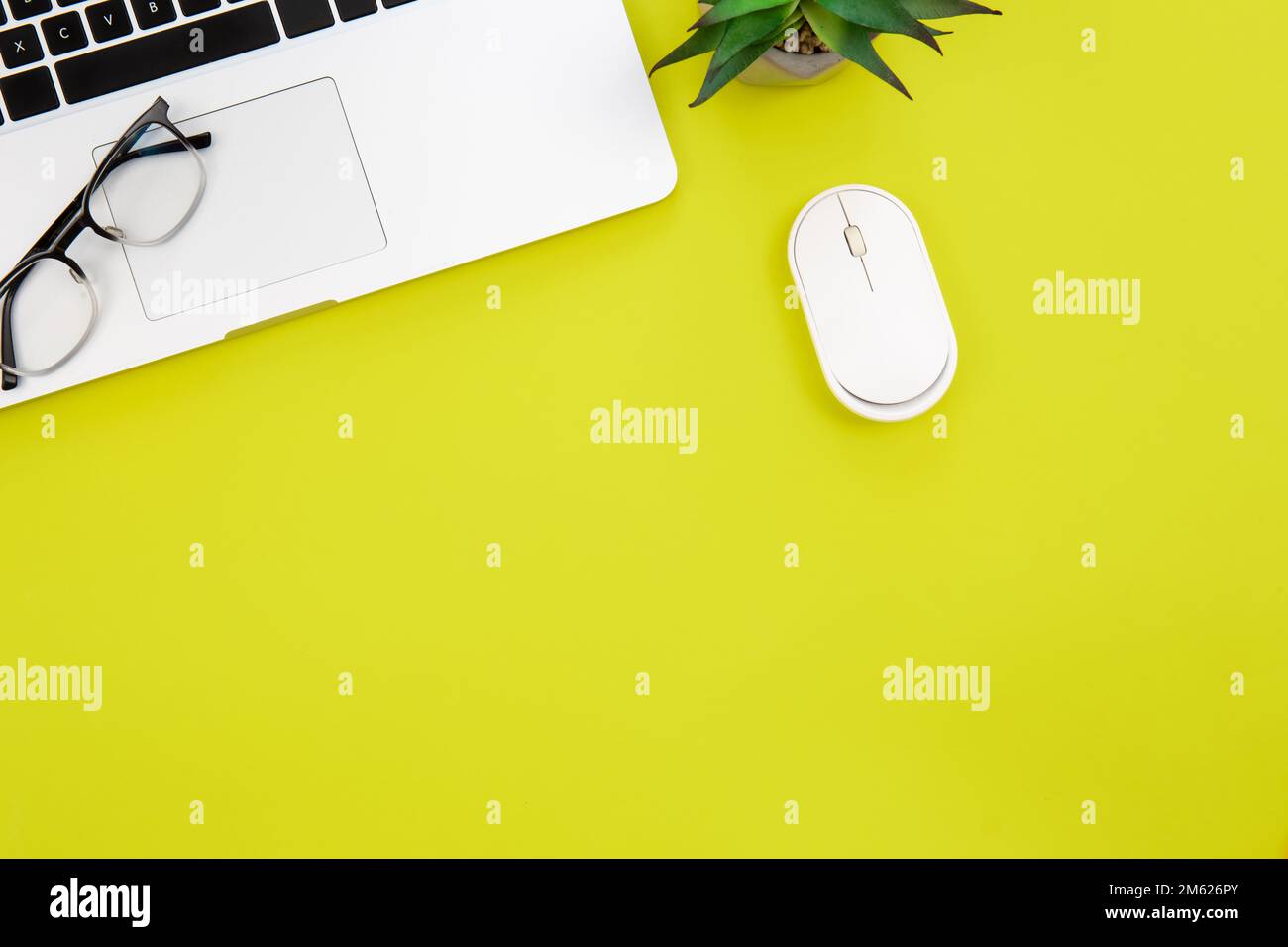 Laptop, glasses and computer mouse on green background, flat lay. Stock Photo