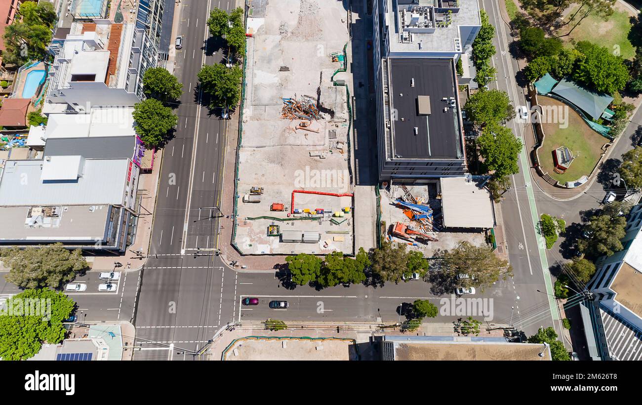 Crows Nest metro station in North Sydney aerial top down view of construction site Stock Photo