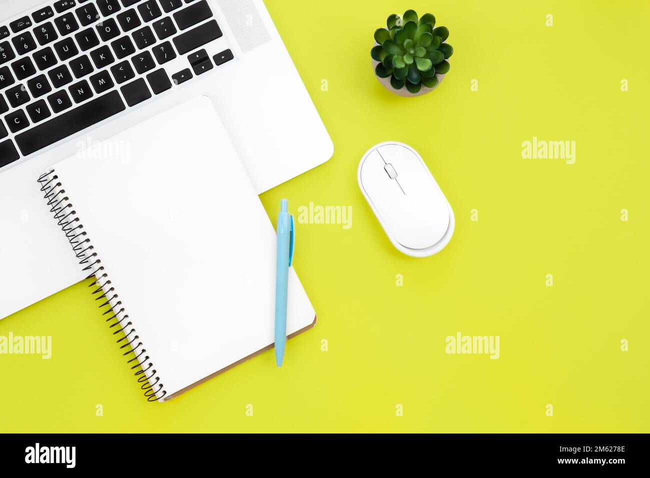 Laptop, computer mouse and blank notepad on green background, flat lay. Stock Photo