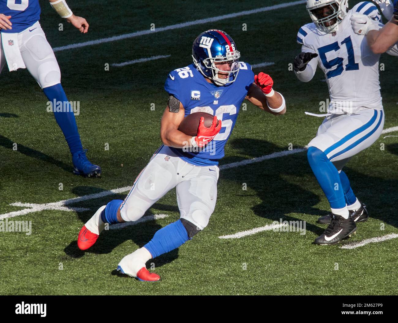 January 1, 2023, East Rutherford, New Jersey, USA: New York Giants running  back Saquon Barkley (26) runs up field during a NFL game against the  Indianapolis Colts in East Rutherford, New Jersey.