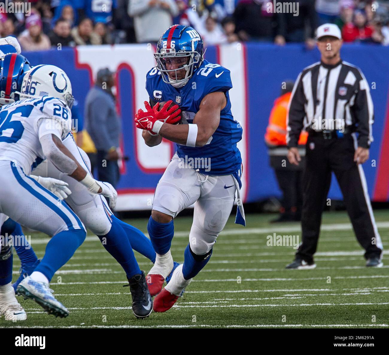 January 1, 2023, East Rutherford, New Jersey, USA: New York Giants running  back Saquon Barkley (26) runs up field during a NFL game against the  Indianapolis Colts in East Rutherford, New Jersey.