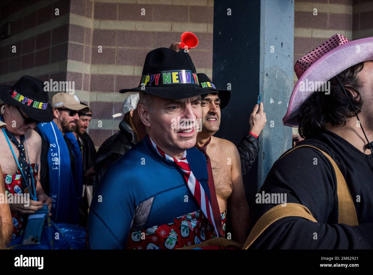 Brooklyn, New York - January 1, 2023: 2023 Coney Island Polar Bear Club New Year's Day Plunge, Coney Island, Brooklyn, New York City. Stock Photo