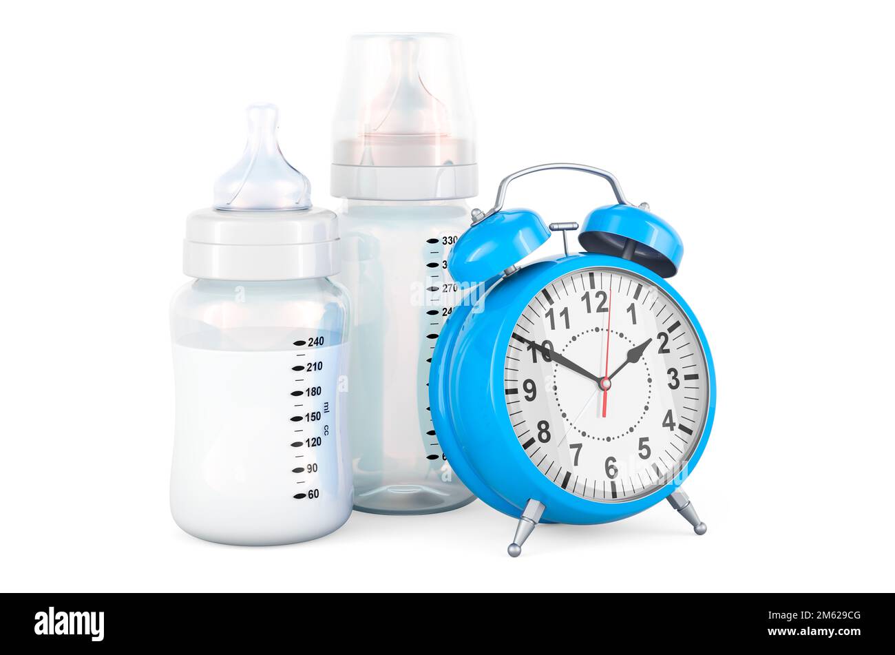 Baby bottles with alarm clock, 3D rendering isolated on white ...