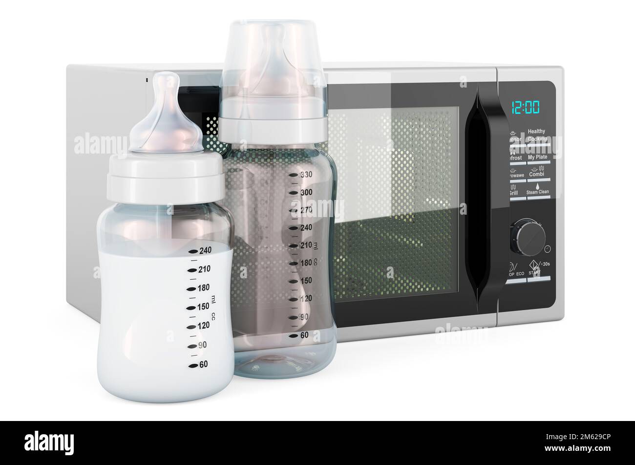 Baby bottles with microwave oven, 3D rendering isolated on white