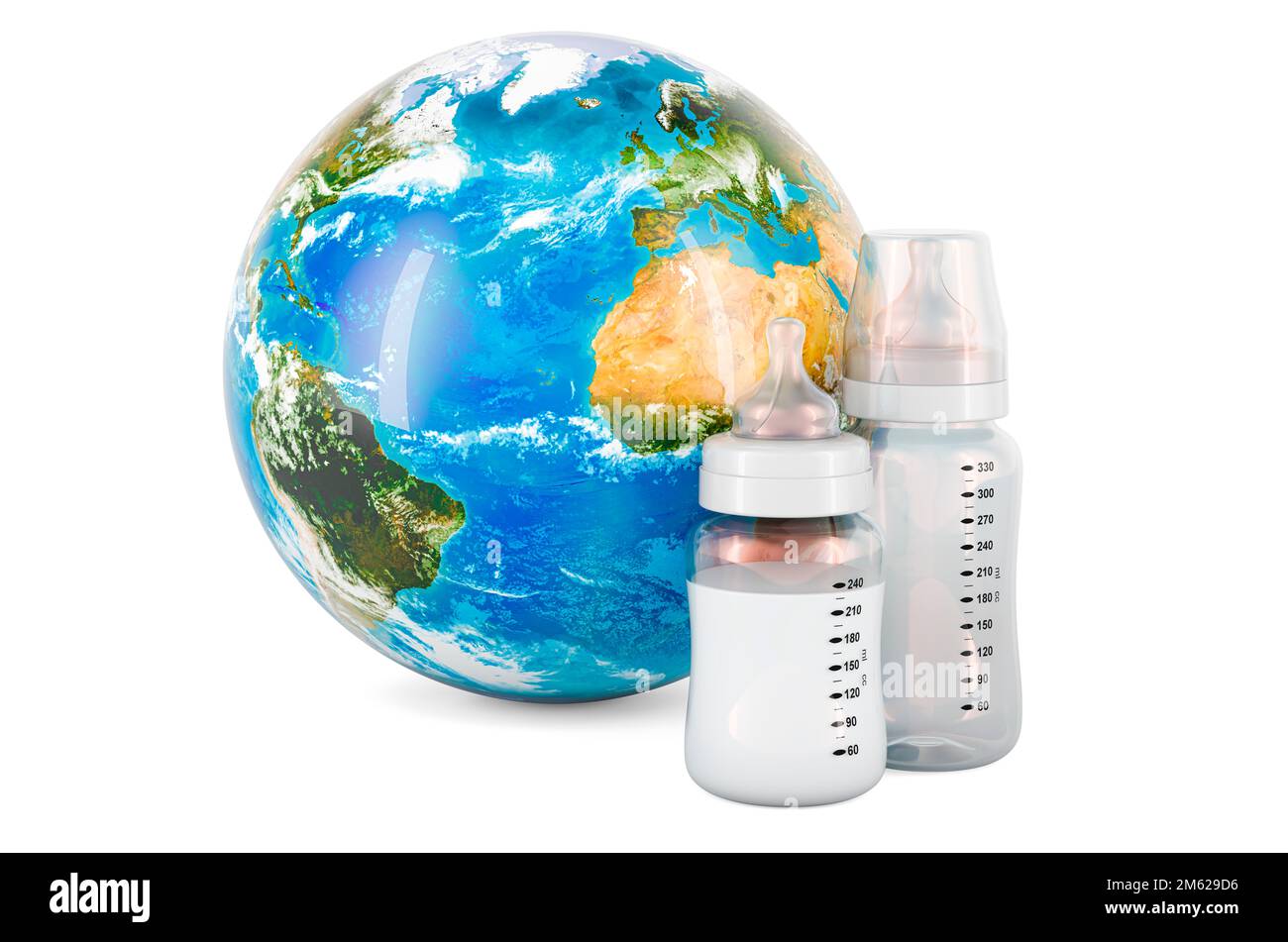 Baby bottles with Earth Globe, 3D rendering isolated on white ...