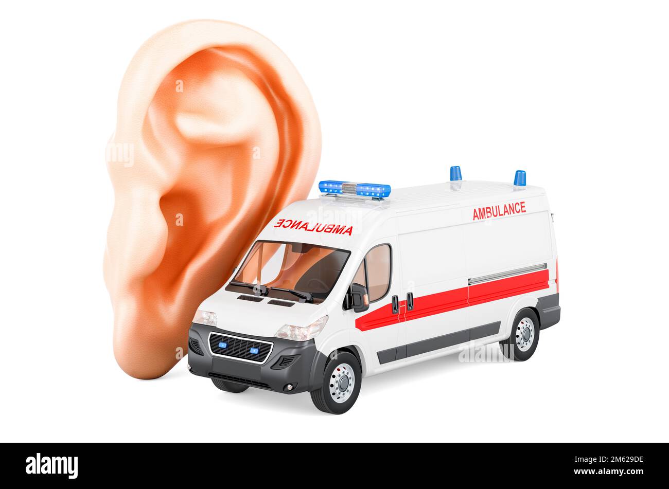 Ear with ambulance van, Medicines for ear disease, concept. 3D rendering isolated on white background Stock Photo