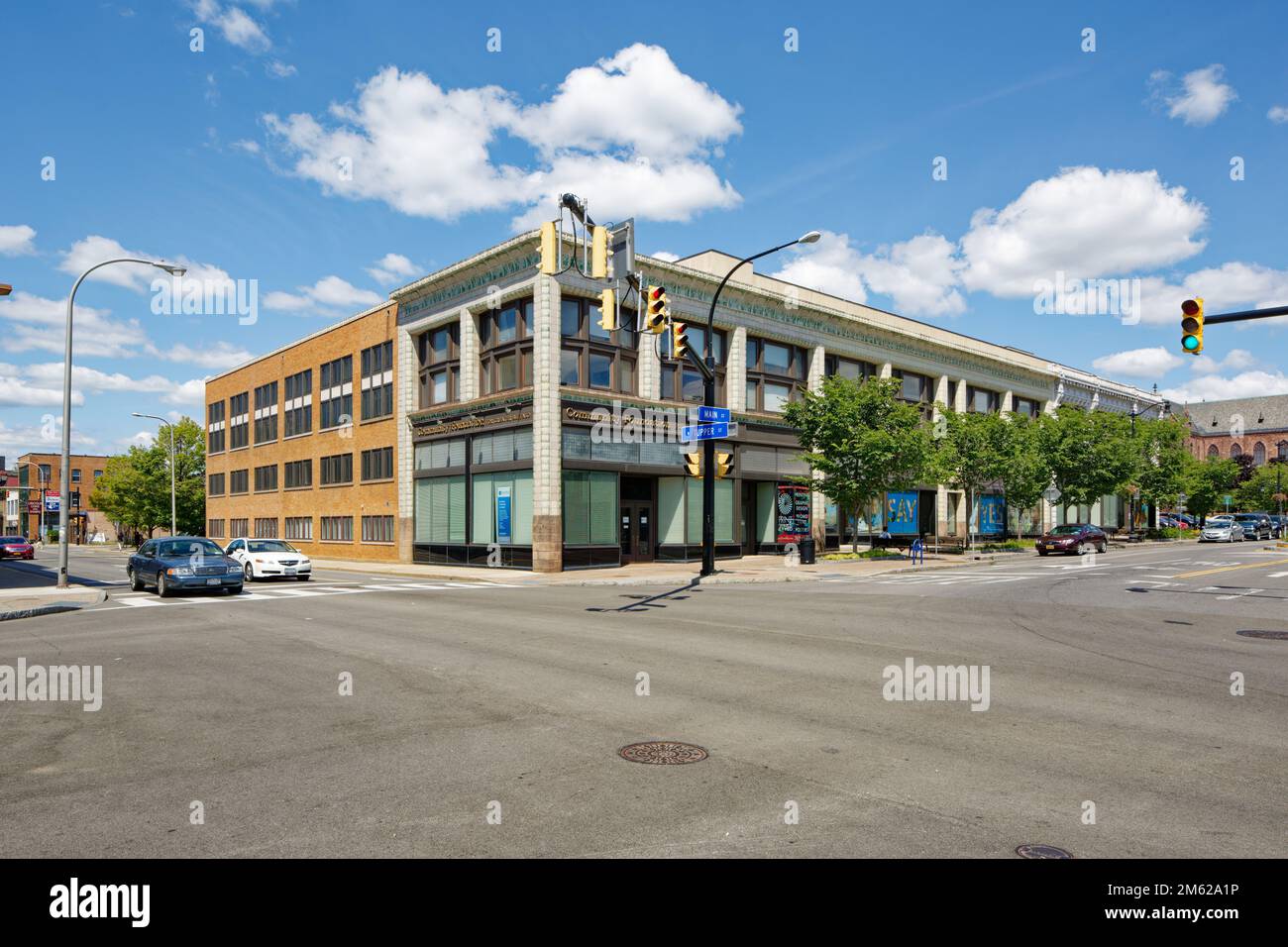 Ansonia Center, 712 Main Street, is a low-rise apartment building with an attractive terra cotta façade facing Main Street. Stock Photo
