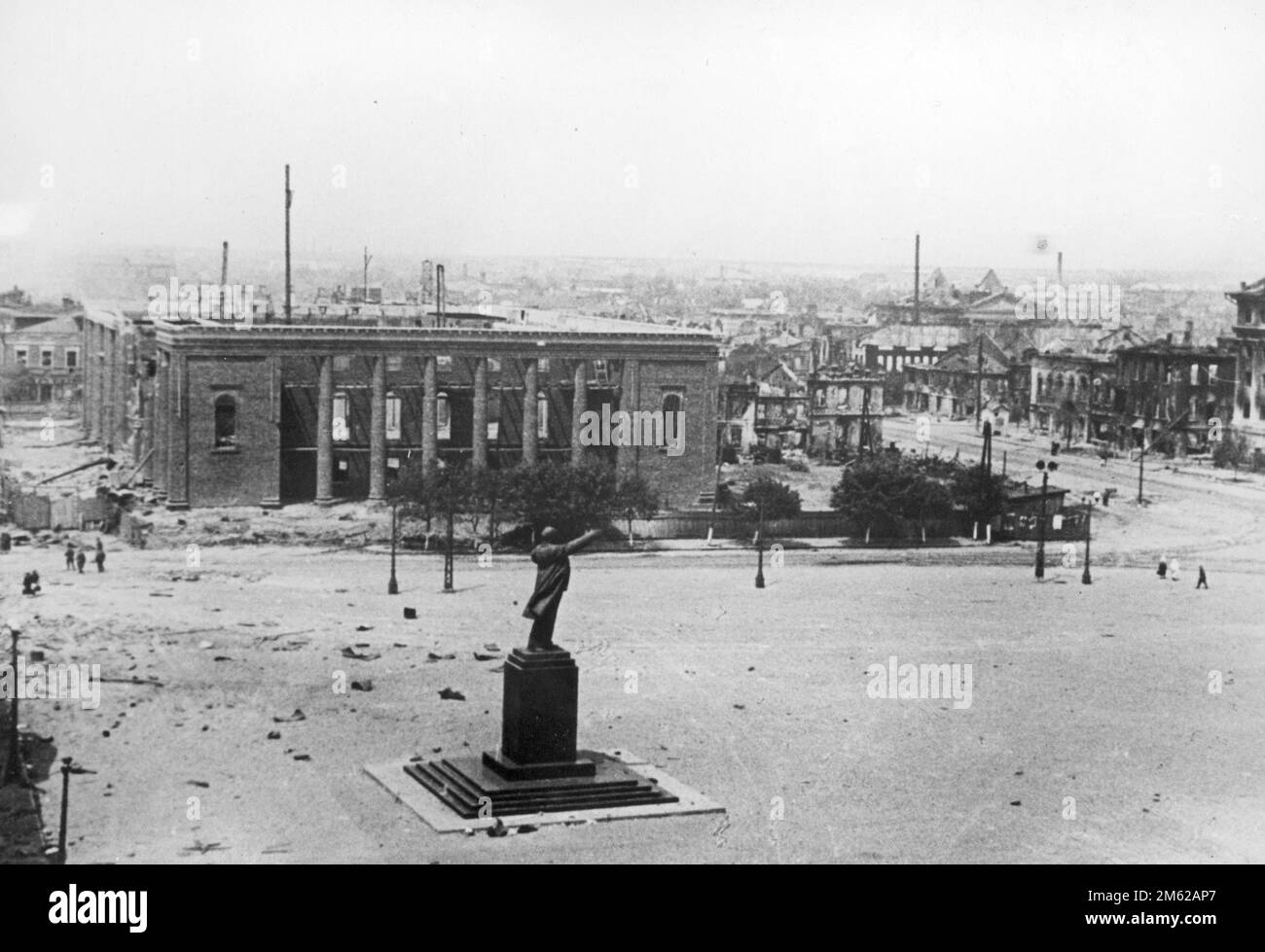 A part of the destroyed city of Voronezh in Russia during Operation Barbarossa, the nazi invasion of the Soviet Union. A square with a monument to Vladimir Lenin is visible in the foreground. Stock Photo