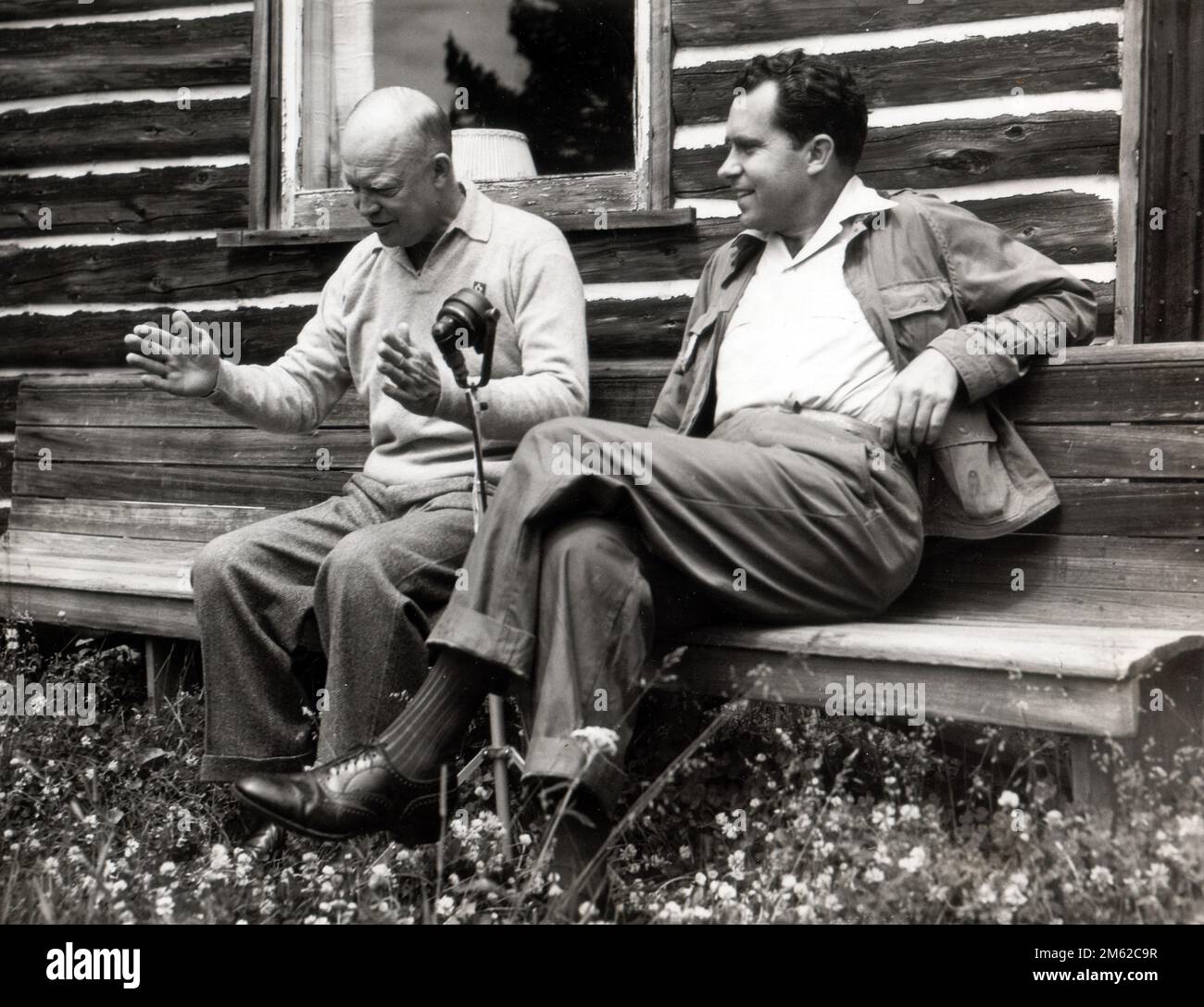Future Presidents Dwight D. Eisenhower and Richard Nixon enjoying a Chat in July 1952 Stock Photo