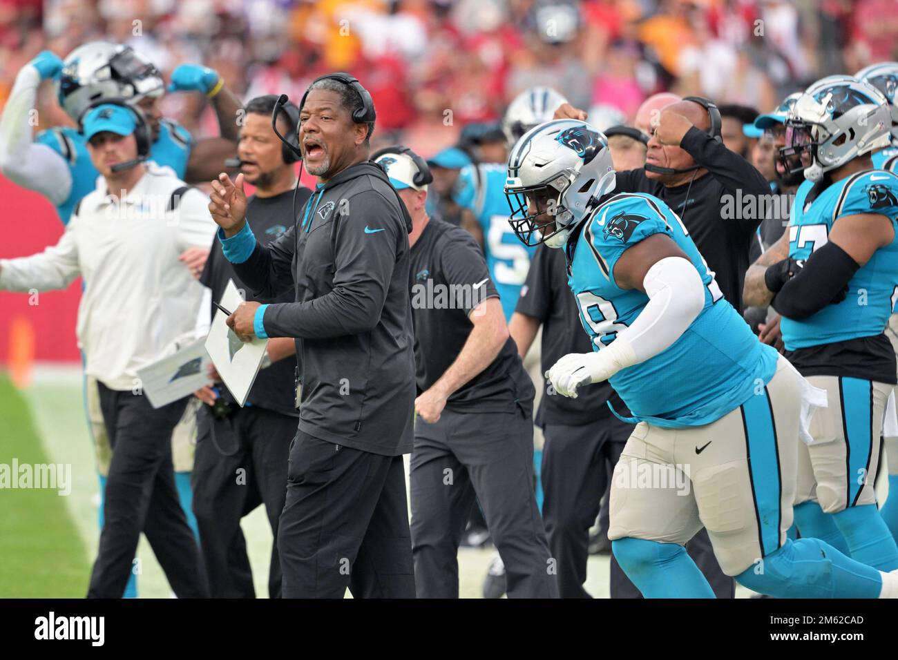 Tampa, United States. 01st Jan, 2023. Carolina Panthers head coach Steve Wilks shouts from the sidelines during the second half against the Tampa Bay Buccaneers at Raymond James Stadium in Tampa, Florida on Sunday, January 1, 2023. The Buccaneers clinched the NFC South with a 30-24 win over the Panthers. Photo by Steve Nesius/UPI. Credit: UPI/Alamy Live News Stock Photo