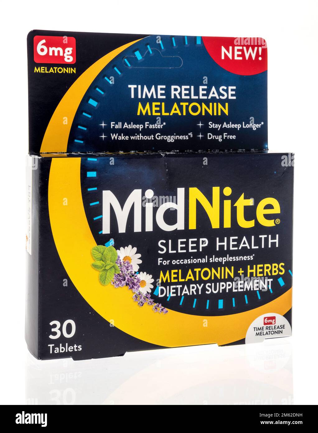 Winneconne, WI - 28 November 2022: A package of Midnite  sleep aid supplement with melatonin on an isolated background. Stock Photo