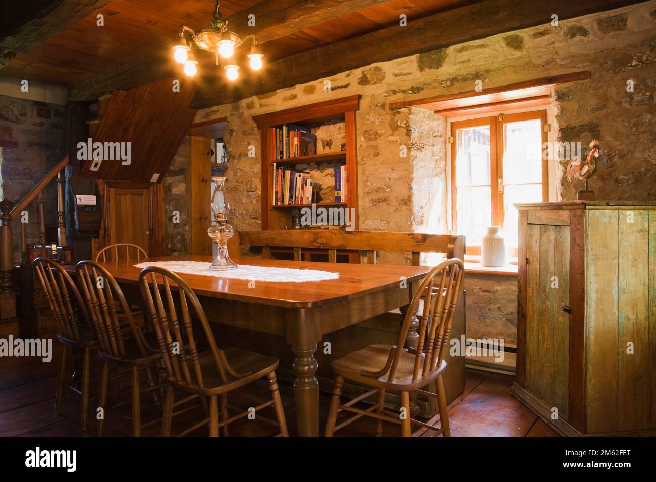 Antique wooden dining table and chairs in dining room inside old circa
