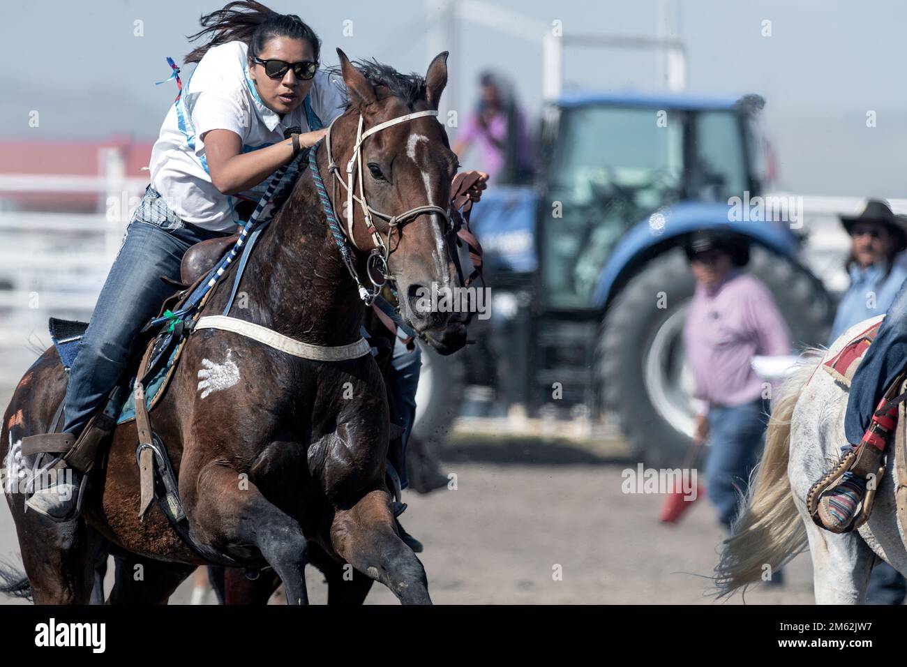 Lady Warrior Race at the  Piikani (Blackfoot) Nation Indian Relay (horse) Race in Brocket, Alberta Canada Stock Photo