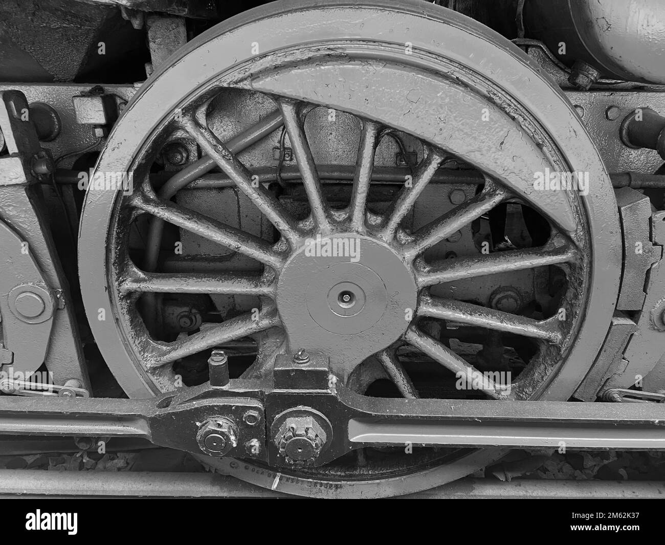 Wheel and drive system of a steam engine Stock Photo