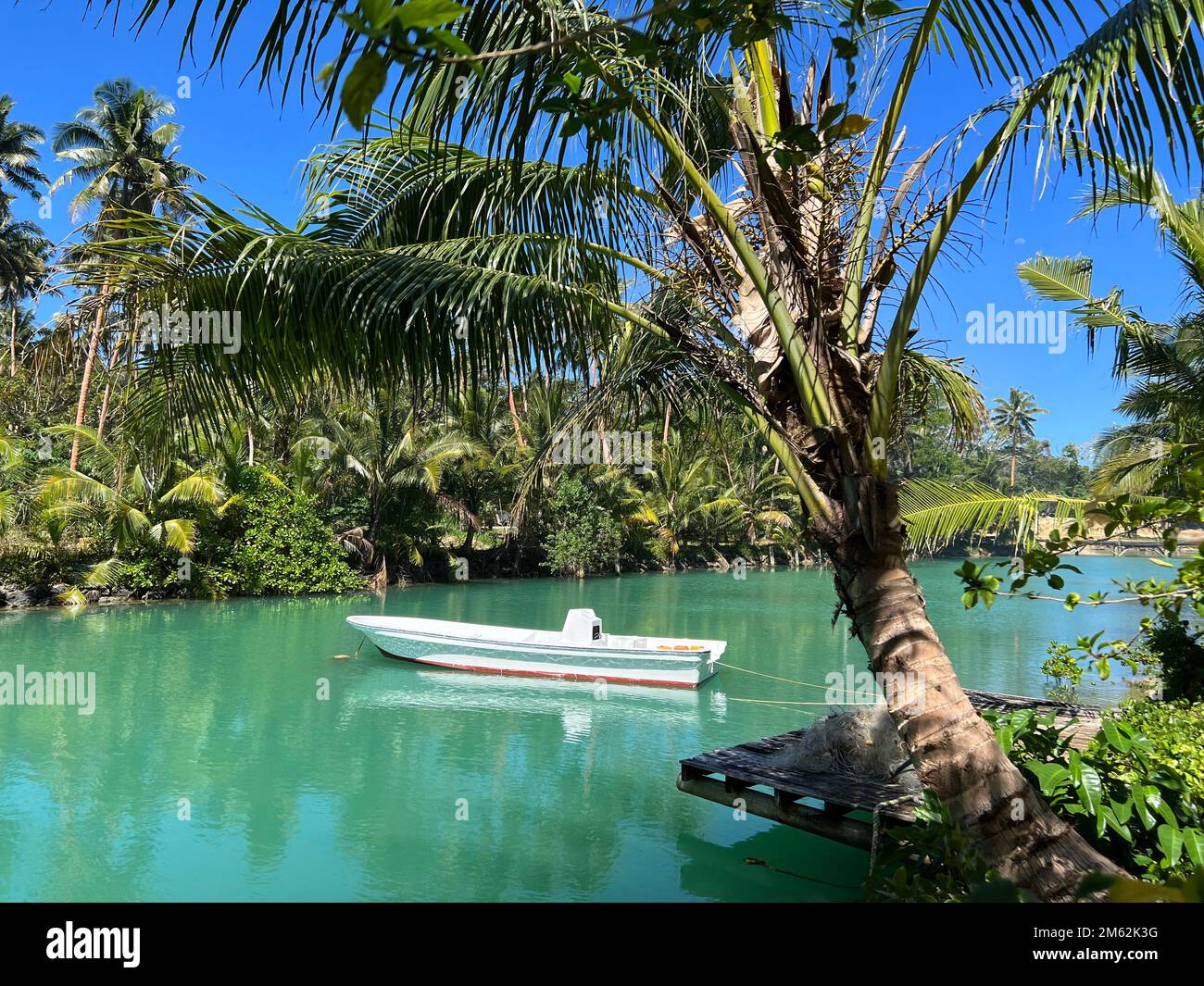 Motorboat on a green lagoon in Fiji Stock Photo