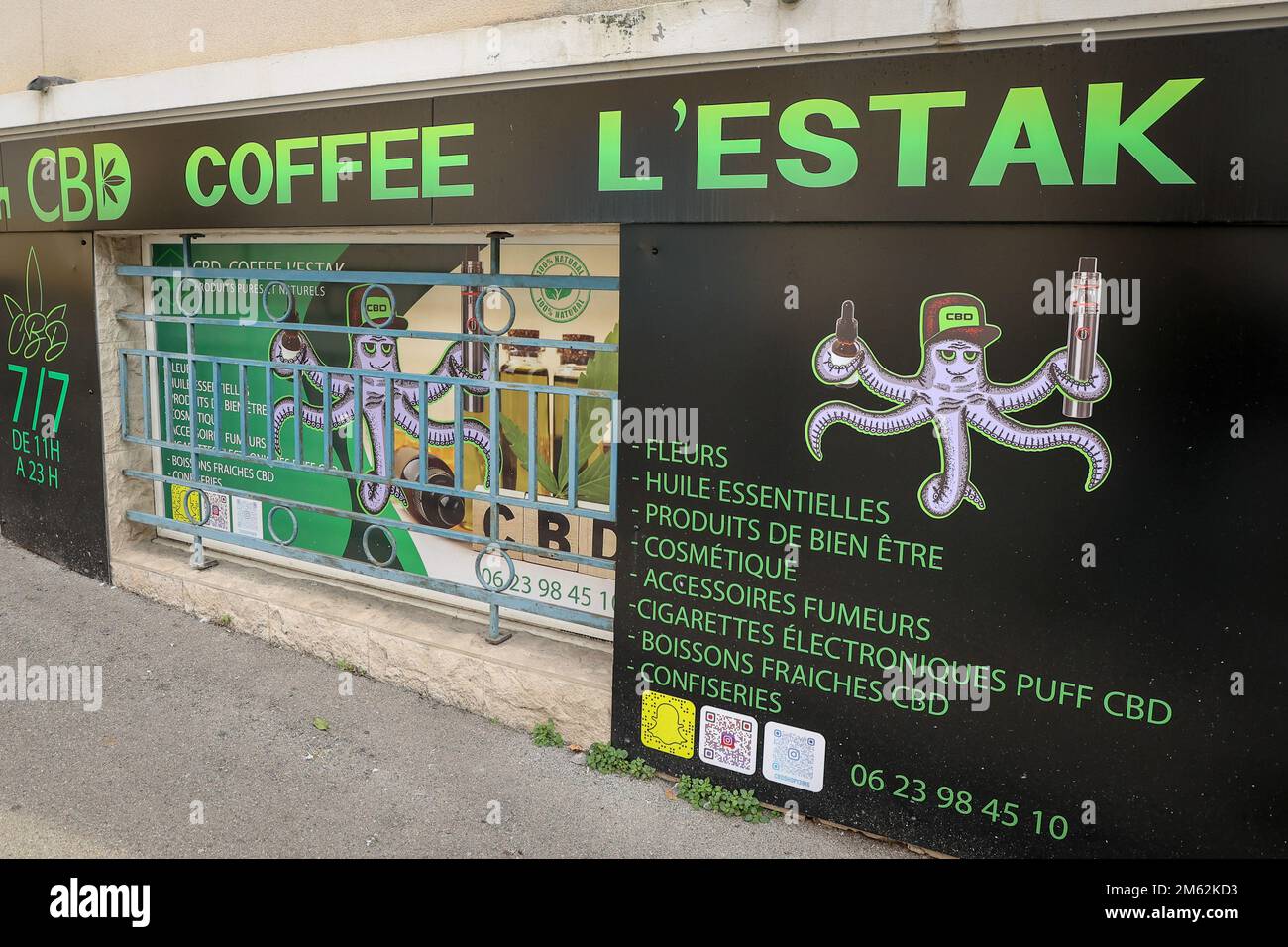 Marseille, France. 01st Jan, 2023. A store with a sign selling Cannabidiol  (CBD) products. By court decision, the sale of CBD flowers is finally  authorized in France. The French Council of State