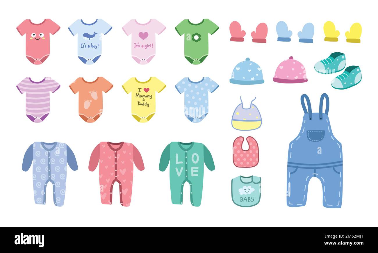 Vector set of baby clothes clipart. Simple cute baby bodysuit, jumpsuit, sleepsuit, romper, denim overall, bib, gloves, shoes flat vector illustration Stock Vector