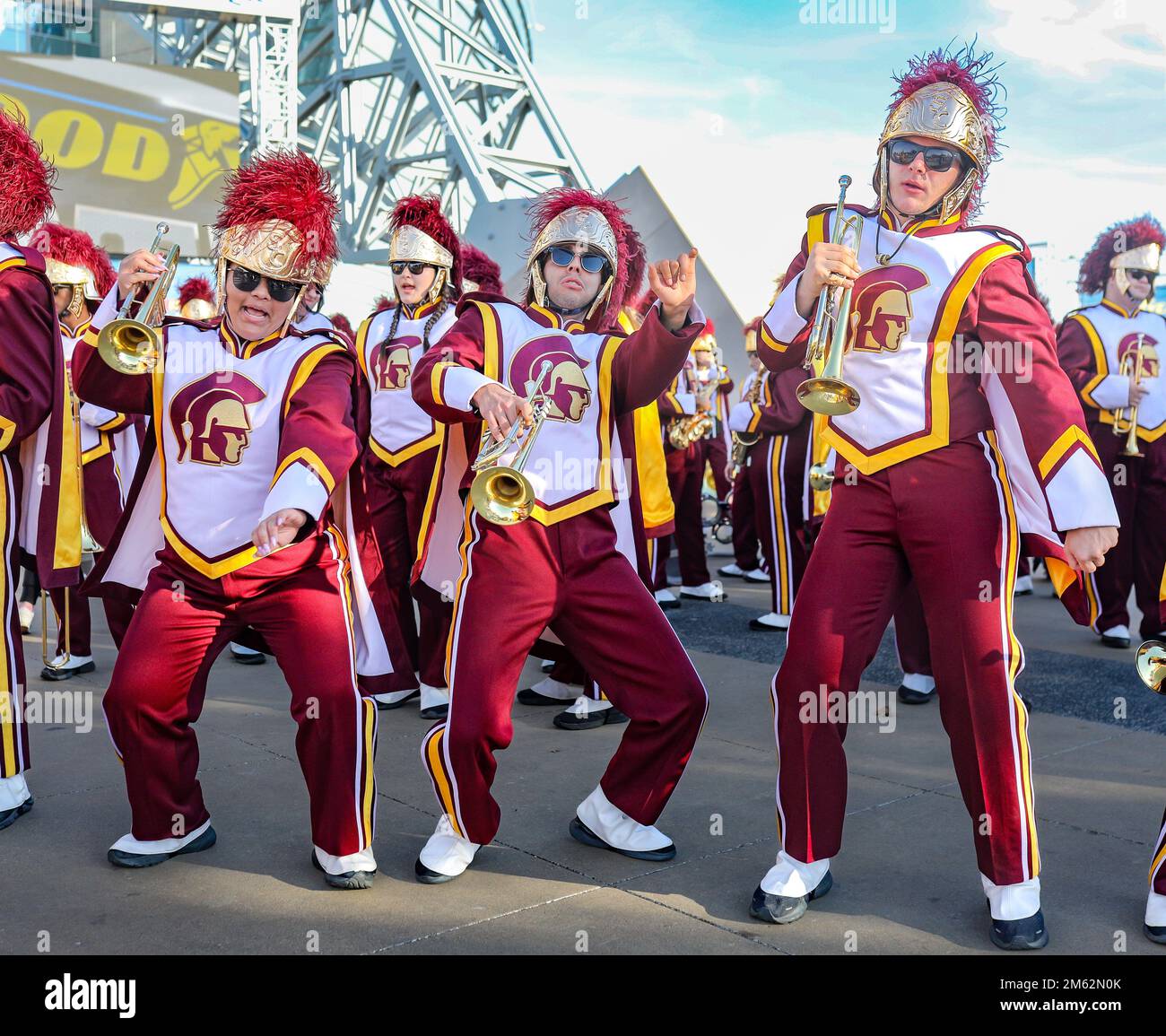 Dallas, TX, USA. 1st Jan, 2023. The USC Trojan Marching Band dances to