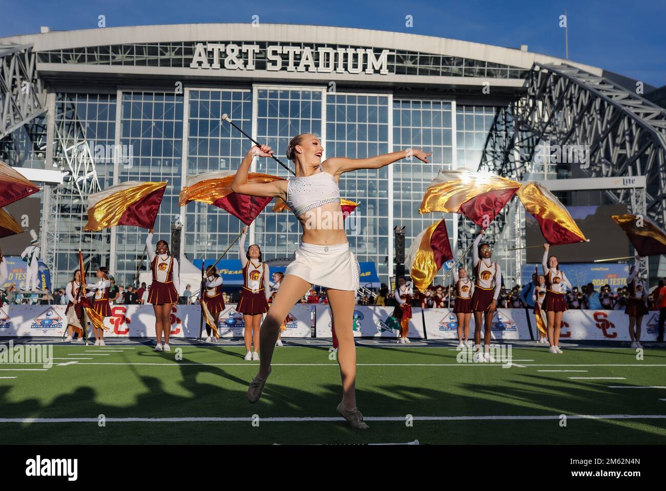 Dallas, TX, USA. 1st Jan, 2023. The USC feature twirler performs with