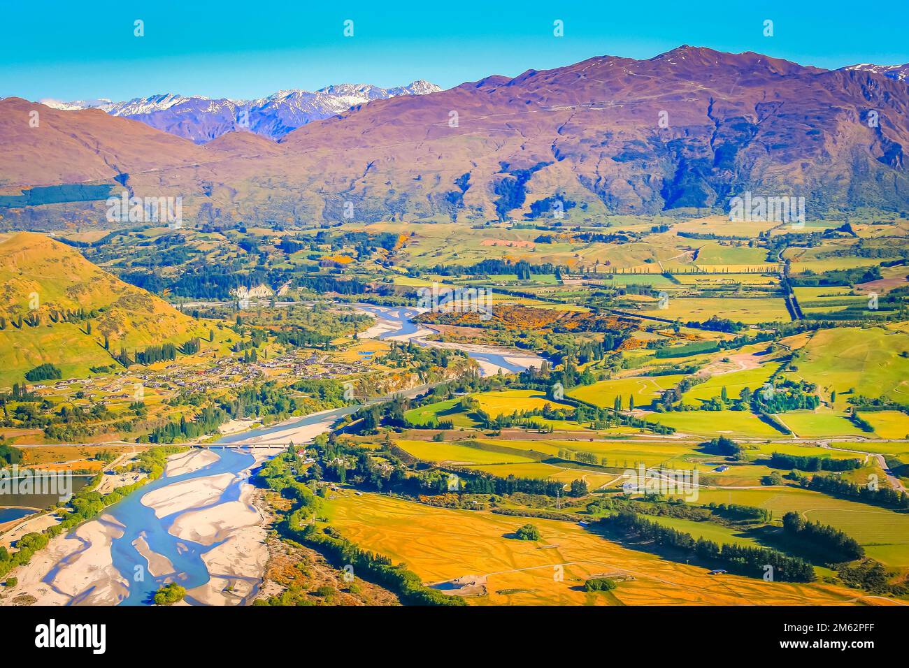 Above Queenstown countryside and river in south Island, Otago, New ...
