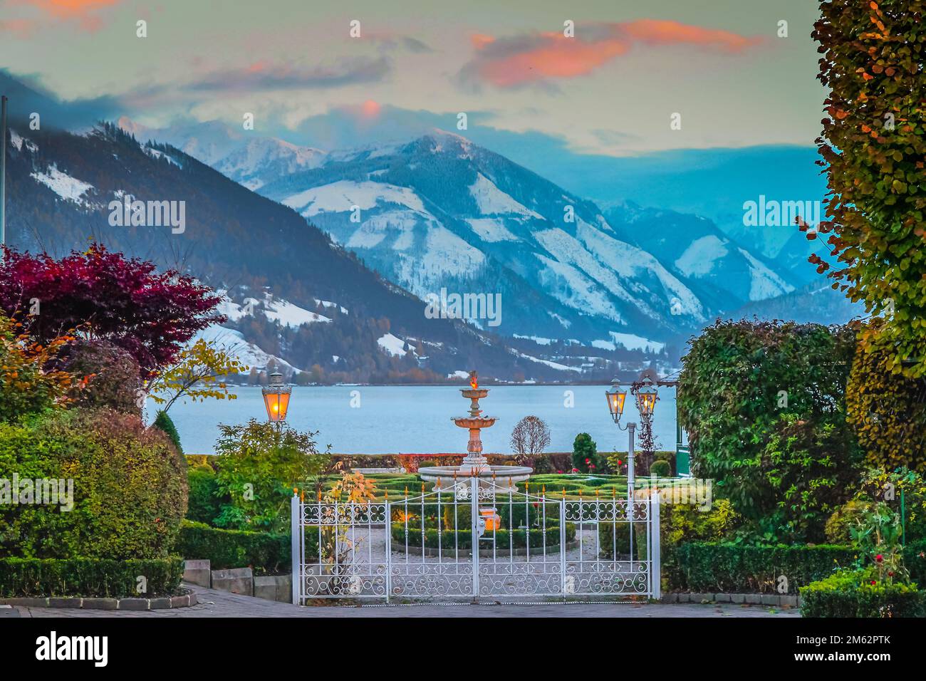 Zell am See gardens and blue lake idyllic landscape in Carinthia, Austria  Stock Photo - Alamy, image size:1300x956