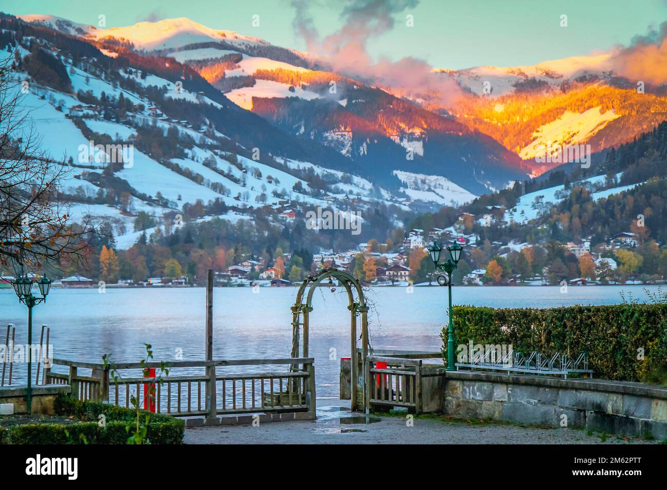 Zell am See gardens and blue lake idyllic landscape in Carinthia, Austria Stock Photo