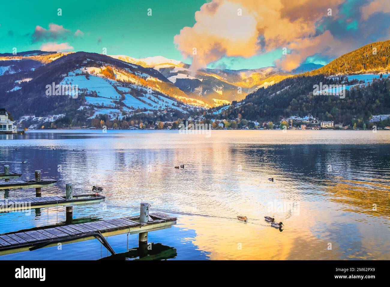 Zell am See gardens and blue lake idyllic landscape in Carinthia, Austria Stock Photo