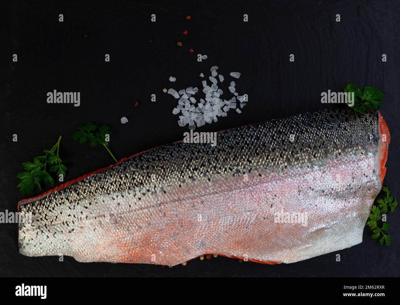 Salmon trout fillet, skin side up, on natural dark stone with parsley and salt seasonings in flay lay format Stock Photo