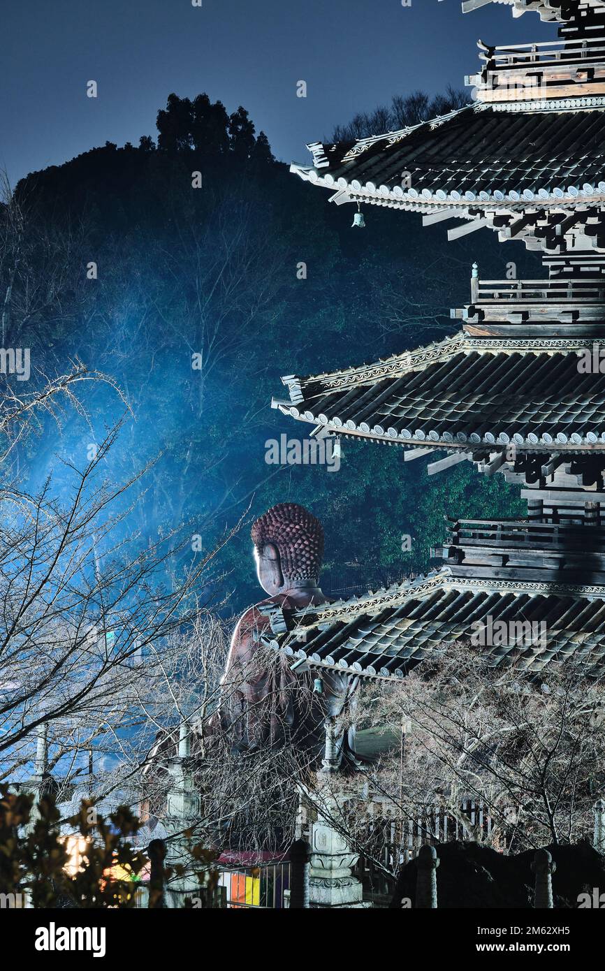 Landscape of a pagode and the back side of the Giant Buddha in Koushouji temple downtown Nagoya Stock Photo
