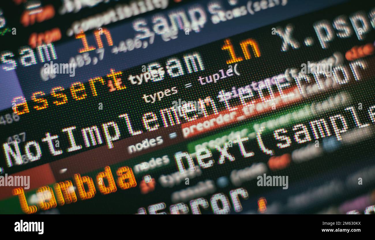 SEO optimization. Modern tech. PHP syntax highlighted. Writing programming functions on laptop. Big data and Internet of things trend. Stock Photo