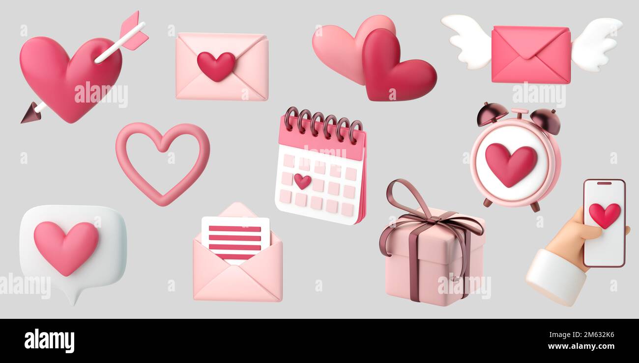 3d romantic collection icons set. Hearts, love letters and gifts ...
