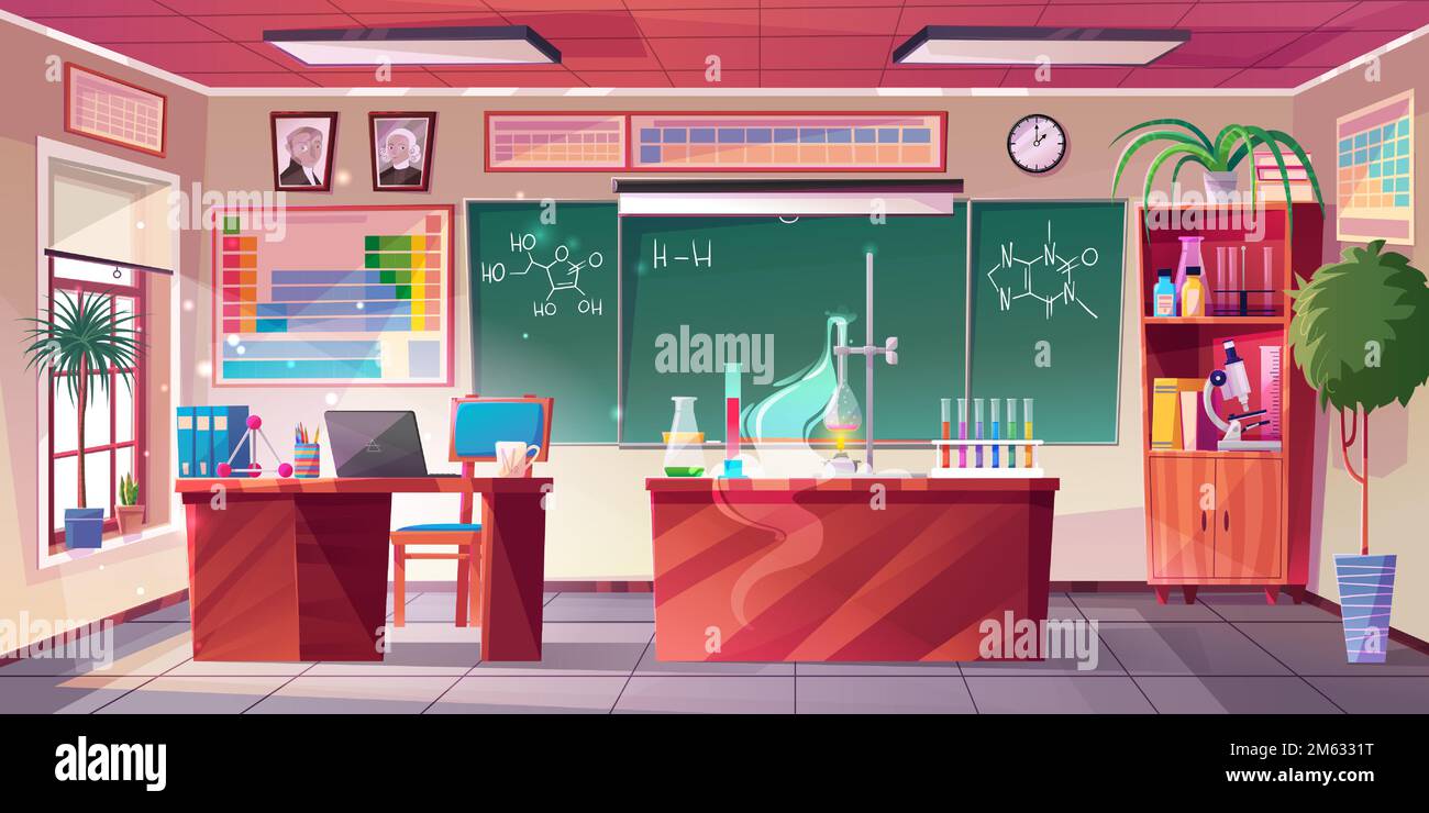 Chemistry classroom interior, vector cartoon illustration. School room