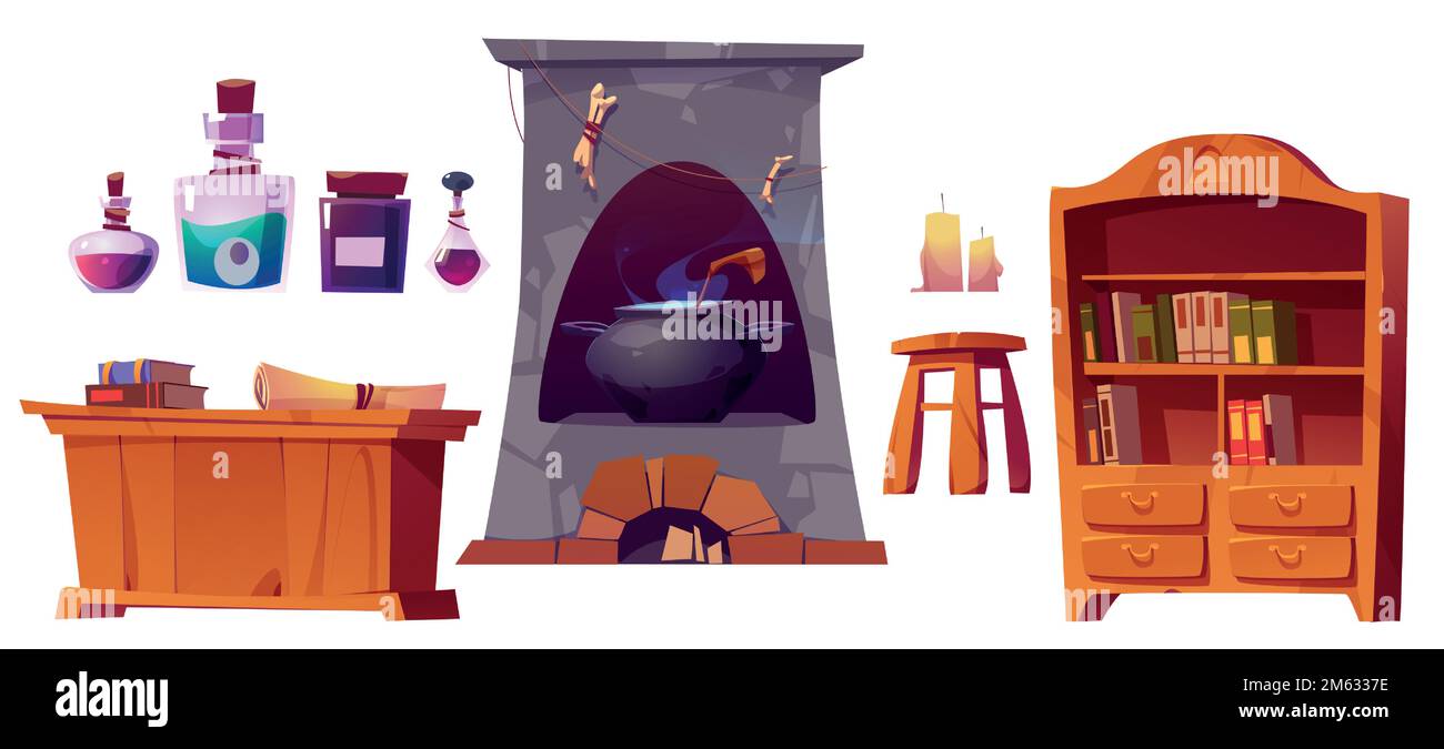 Alchemist laboratory or shop interior set with books, magic potions, table, cupboard, candles